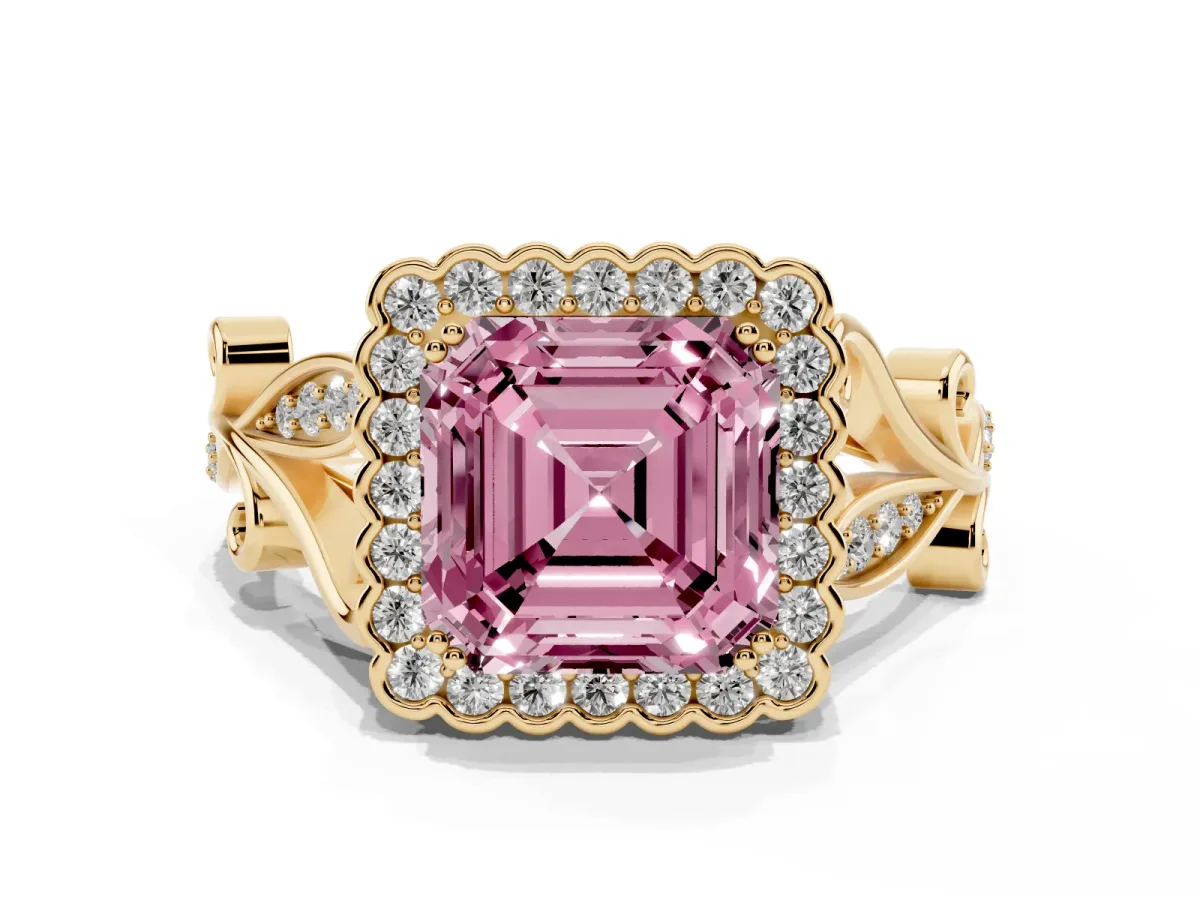 Fancy Pink Asscher Cut Diamond Halo Ring with Vintage Split Shank and Four-Prong Setting Yellow gold
