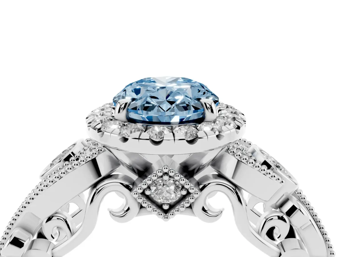 Fancy Blue Oval Cut Halo Diamond Ring with Milgrain and Bezel Accents on a Split Shank Band White gold