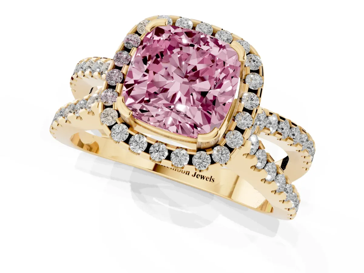 Fancy Pink Cushion Cut Diamond Halo Ring with Split Shank Pavé Band and Prong Setting Yellow gold
