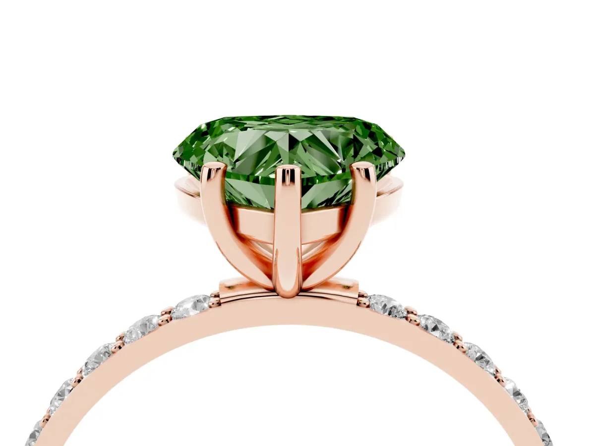 Fancy Green Heart Cut Diamond Solitaire Ring with Round Pavé Shoulders and Prong Setting Rose gold