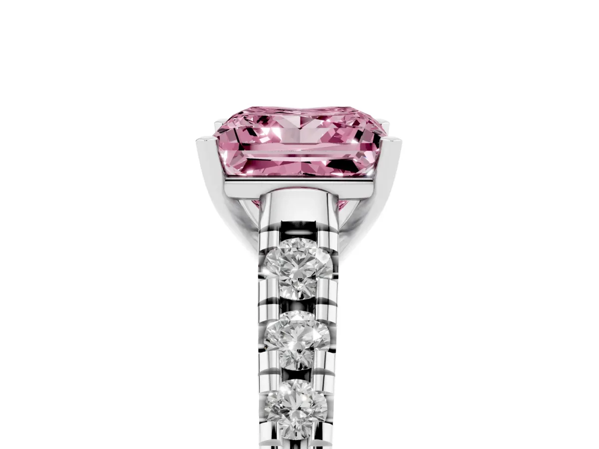 Fancy Pink Princess Cut Diamond Cathedral Solitaire Ring with Round Pavé Band Silver