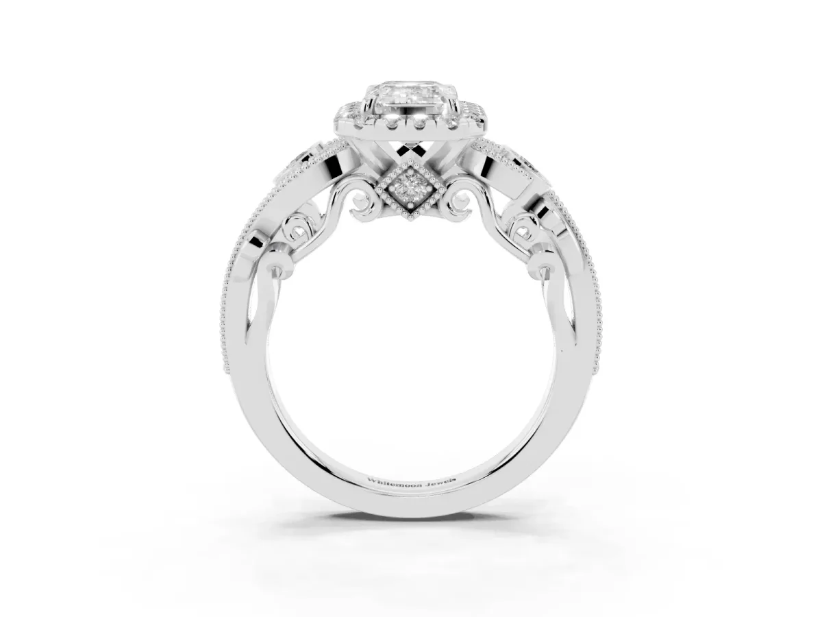 Emerald Cut Diamond Halo Ring with Milgrain Pavé Band and Four-Prong Setting White gold