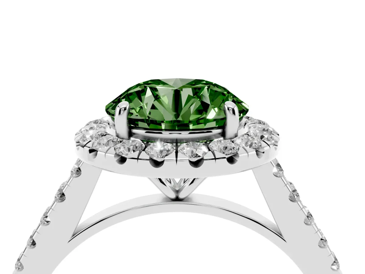 Fancy Green Round Cut Halo Pave Diamond Engagement Ring with Four-Prong Setting White gold