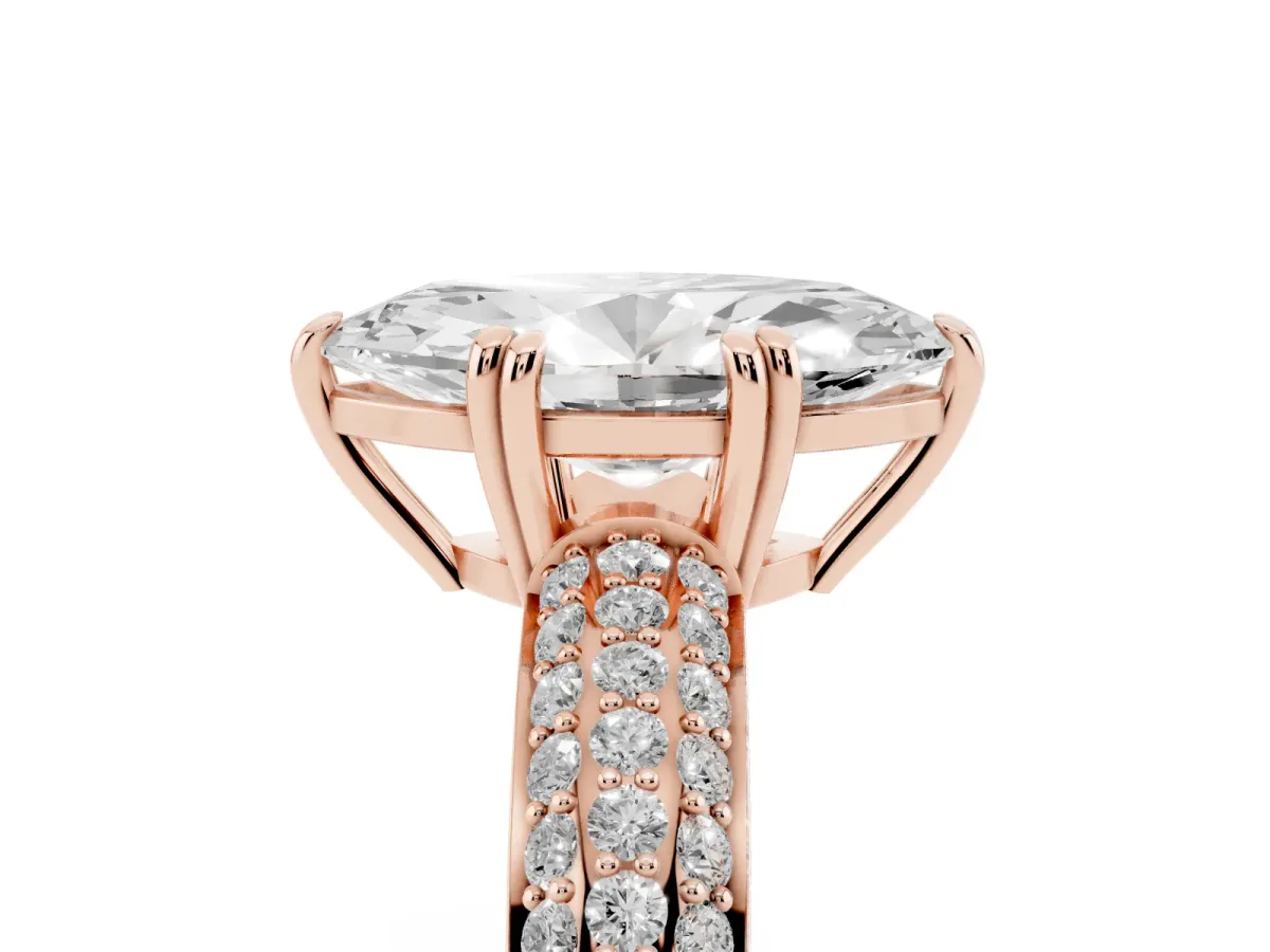 Marquise Cut Diamond Solitaire Ring with Multi-Row Round Pavé Band and Prong Setting Rose gold