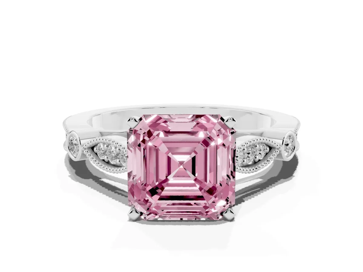 Fancy Pink Asscher Cut Cut Diamond with Milgrain Marquise and Bezel Accents on a Solitaire Band with Prong Setting Platinum
