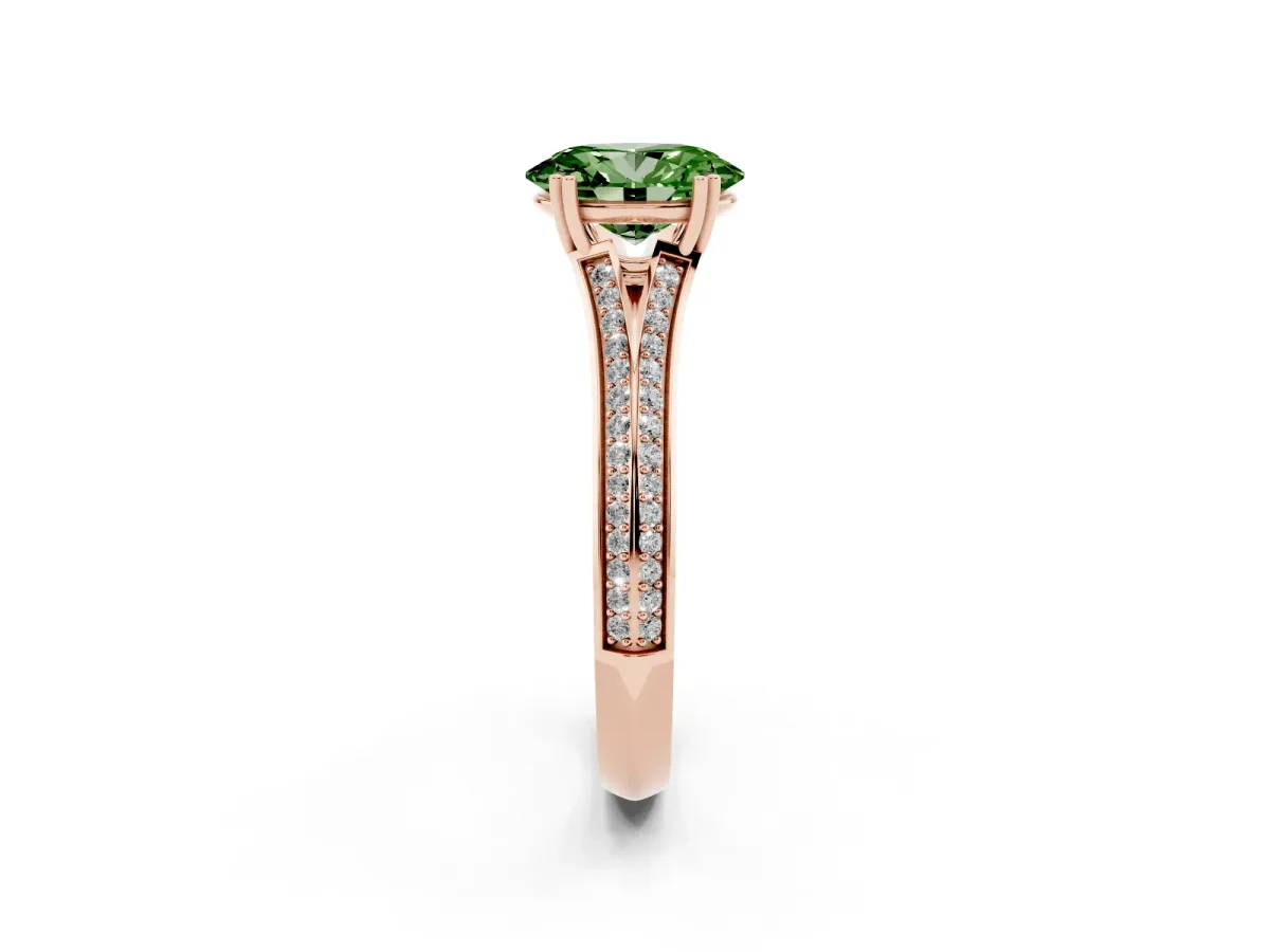 Fancy Green Oval Cut Diamond Split Shank Engagement Ring with Pavé Band Rose gold