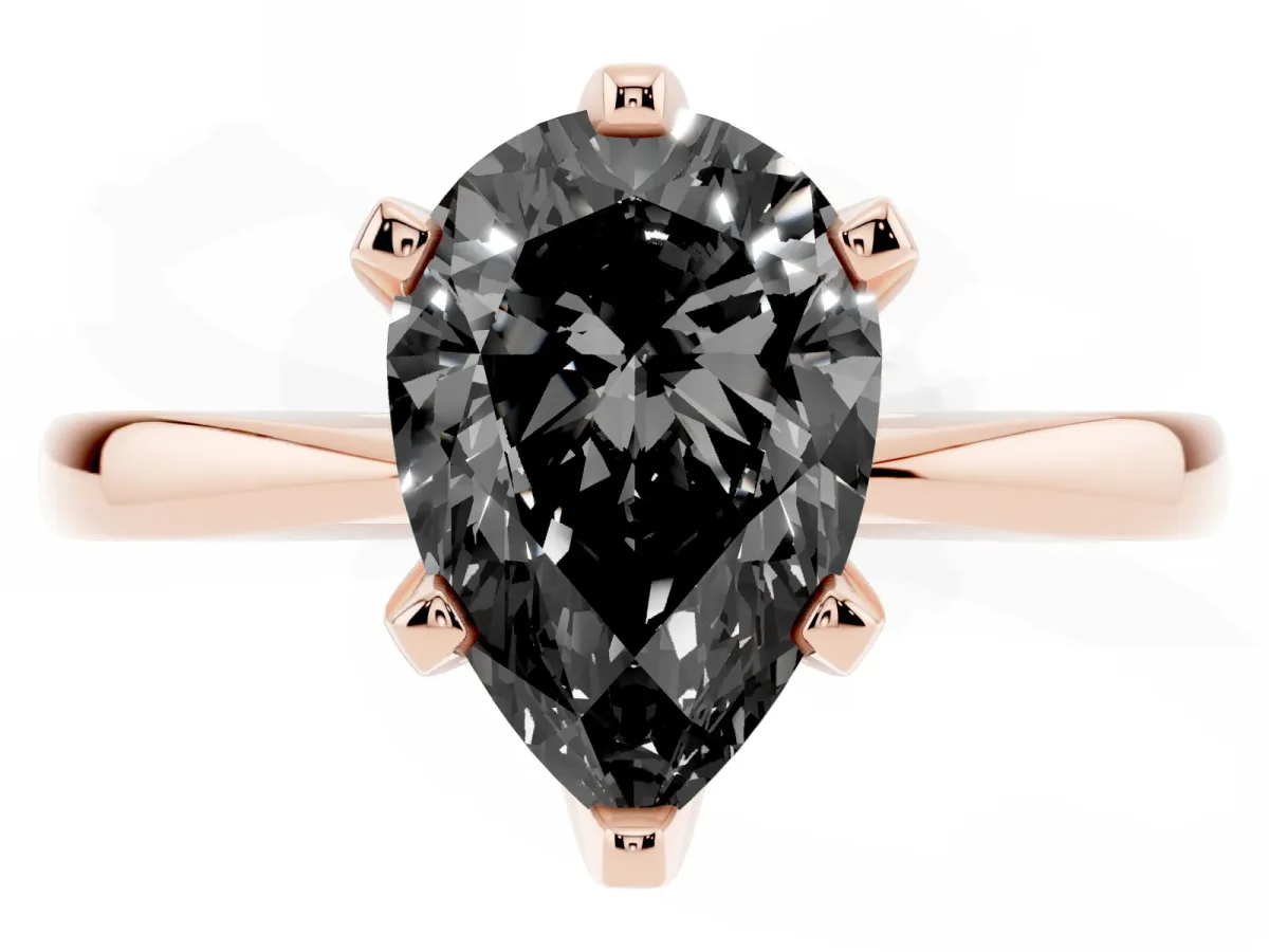 Fancy Black Pear Cut Solitaire Engagement Ring with Six-Prong Setting and Tapered Band Rose gold