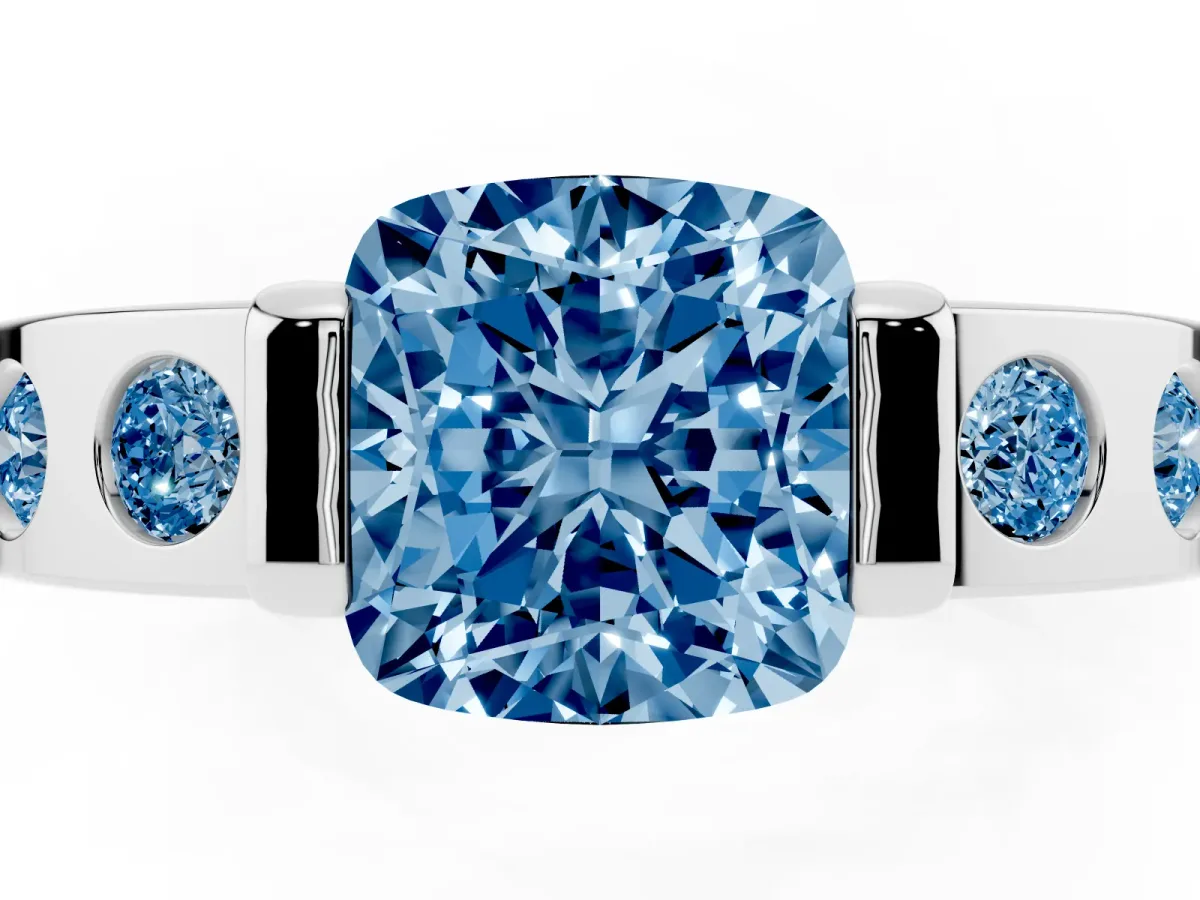 Fancy Blue Cushion Cut Brilliant Channel-Set Diamond Ring with Bezel Prong Setting Silver