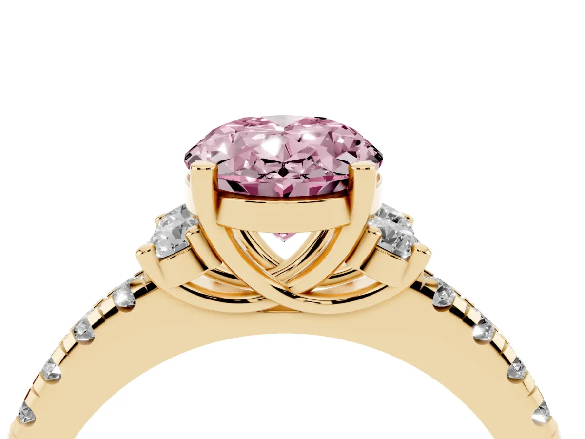 Fancy Pink Oval Cut Diamond Three-Stone Pave Band with Four-Prong Setting Yellow gold