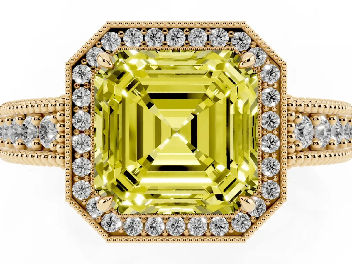 Fancy Yellow Asscher Cut Cut Halo Diamond Ring with Pavé Band and Four-Prong Setting Yellow gold