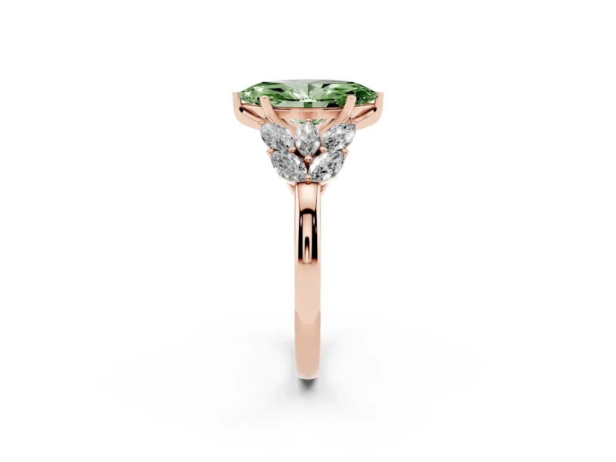 Fancy Green Marquise Cut Diamond Cluster Leaf Design Ring with Prong Setting Rose gold