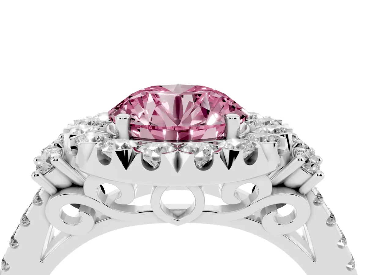 Fancy Pink Round Cut Cut Double Halo Diamond Engagement Ring with Pave Band and Four-Prong Setting Platinum