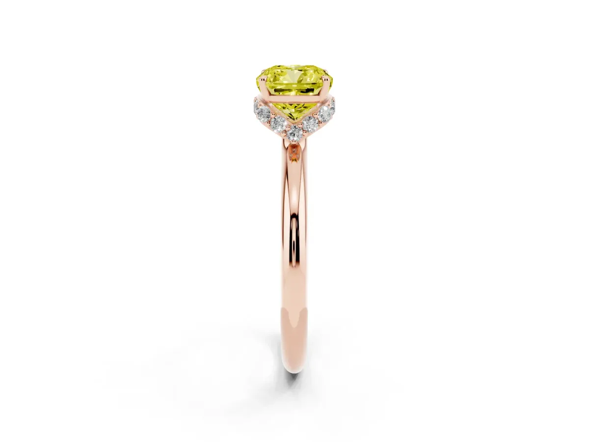 Fancy Yellow Cushion Cut Brilliant Solitaire Engagement Ring with Six-Prong Setting and Classic Band Rose gold