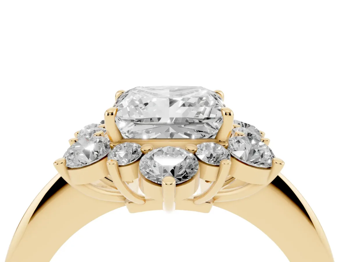 Princess Cut Diamond Cluster Halo Ring with Solitaire Band and Four-Prong Setting Yellow gold