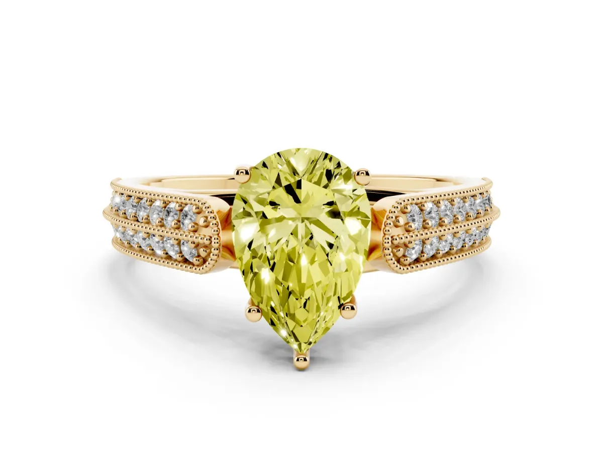 Fancy Yellow Pear Cut Cut Pave Split Shank Engagement Ring with Four-Prong Setting Yellow gold
