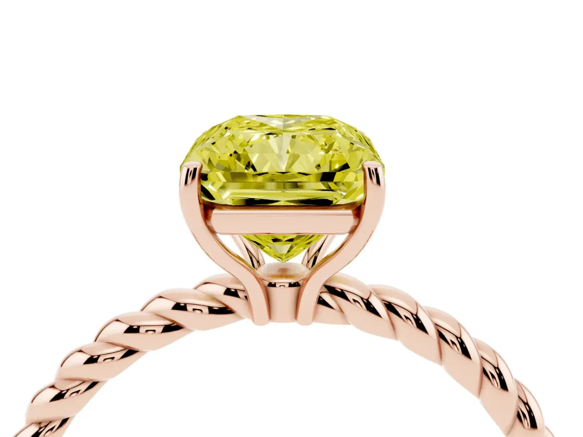 Fancy Yellow Radiant Cut Solitaire Twist Band Ring with Four-Prong Setting Rose gold