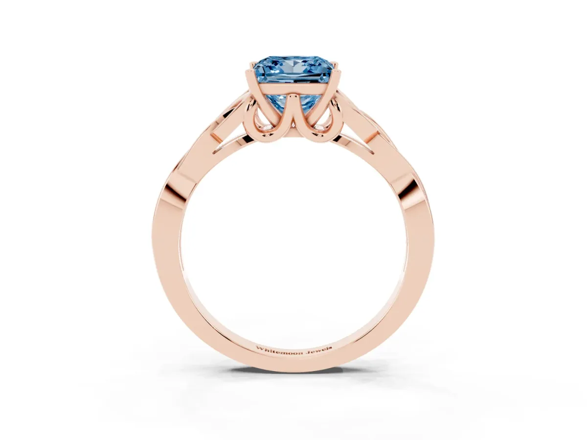 Fancy Blue Princess Cut Diamond Solitaire Engagement Ring with Celtic Knot Band and Four-Prong Setting Rose gold