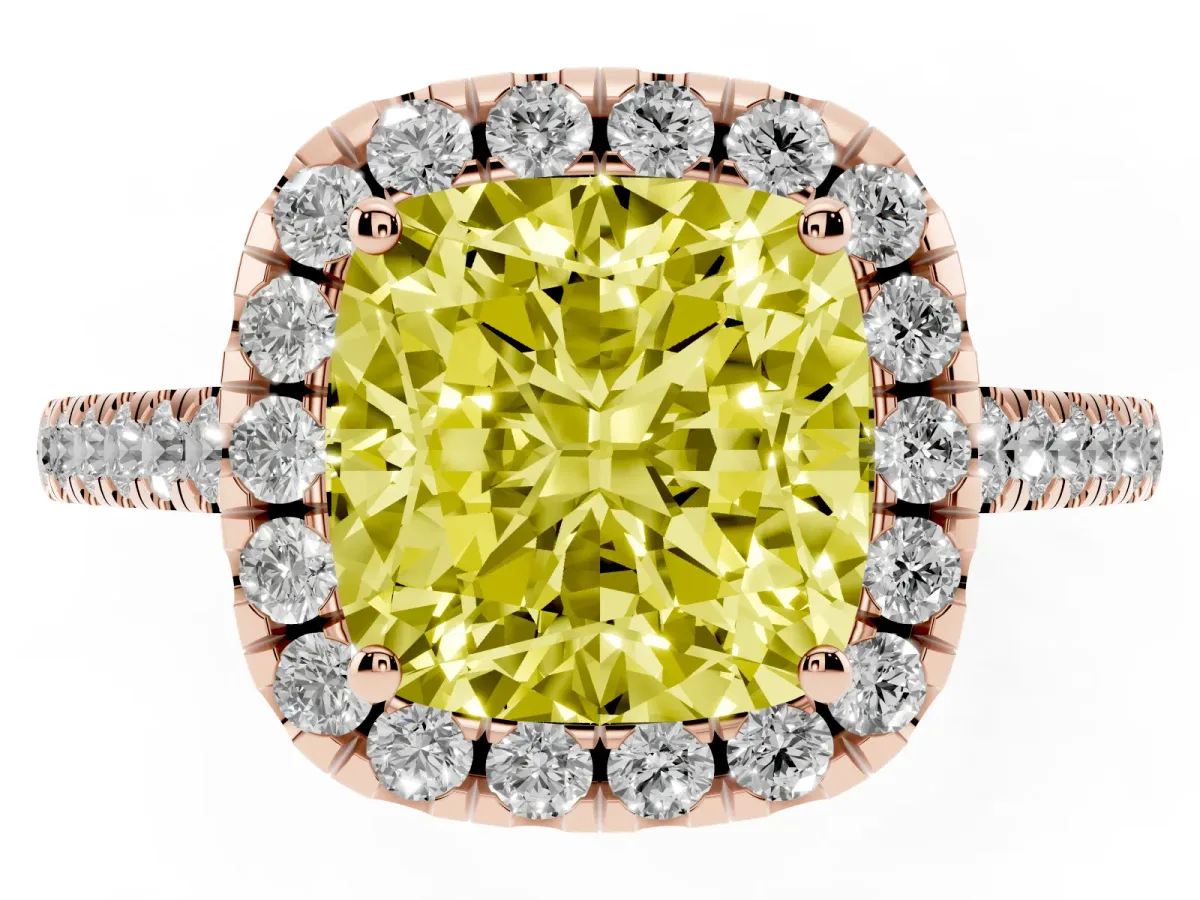 Fancy Yellow Cushion Cut Halo Pavé Diamond Engagement Ring with Four-Prong Setting Rose gold