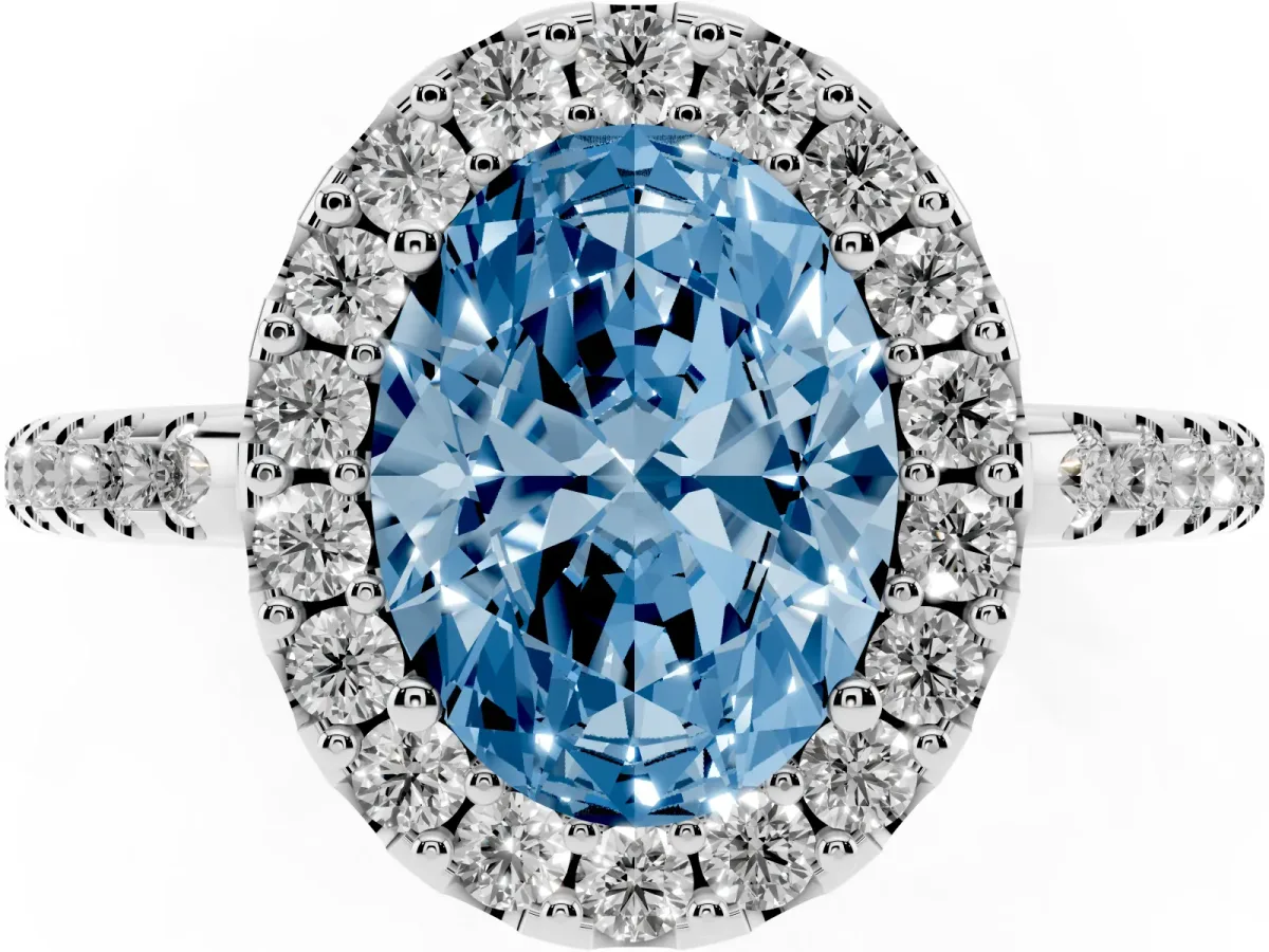 Fancy Blue Oval Cut Diamond Pavé Halo Ring with Four-Prong Setting Silver