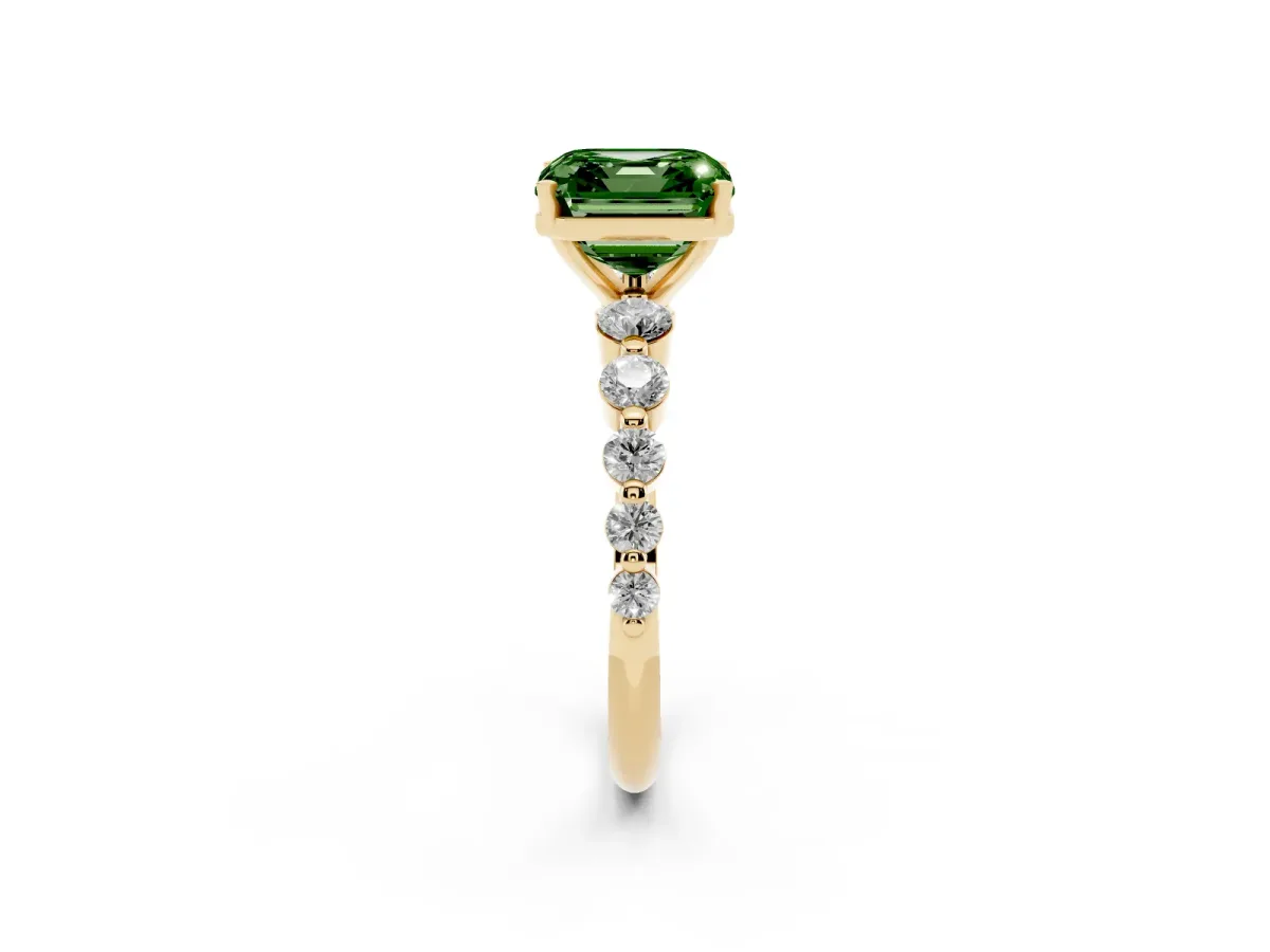 Fancy Green Asscher Cut Solitaire Diamond Ring with Pave Band and Four-Prong Setting Yellow gold