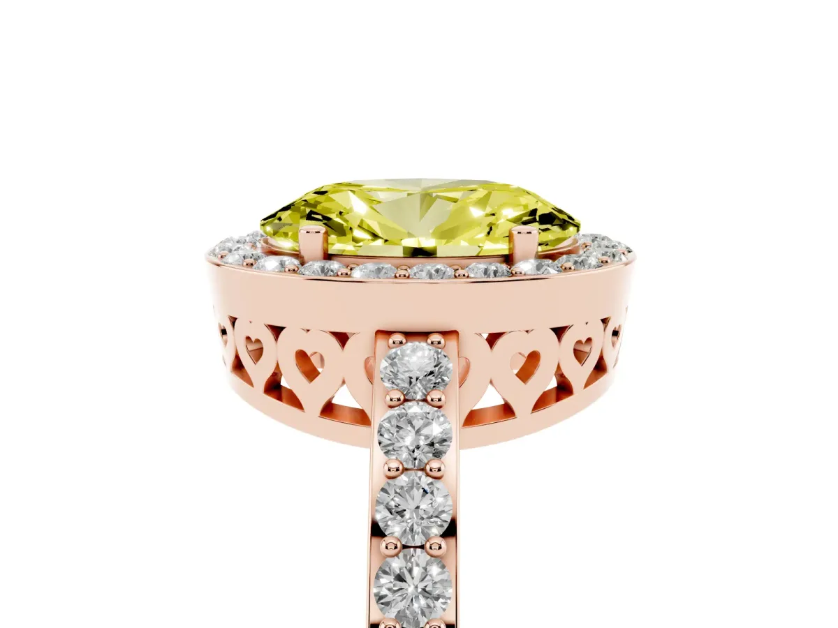 Fancy Yellow Oval Cut Halo Diamond Pavé Band Ring with Prong Setting Rose gold
