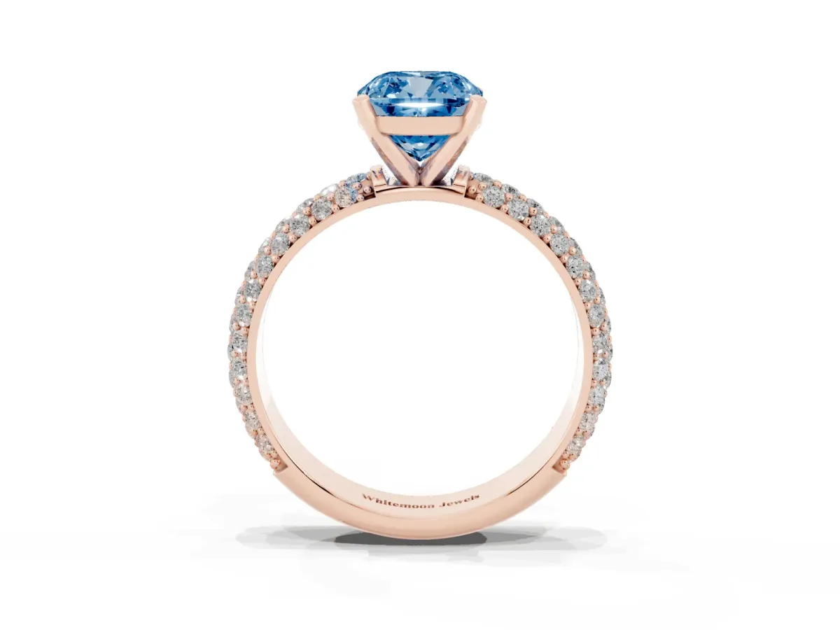 Fancy Blue Cushion Cut Diamond Solitaire Ring with Prong Setting and Pavé Band Rose gold