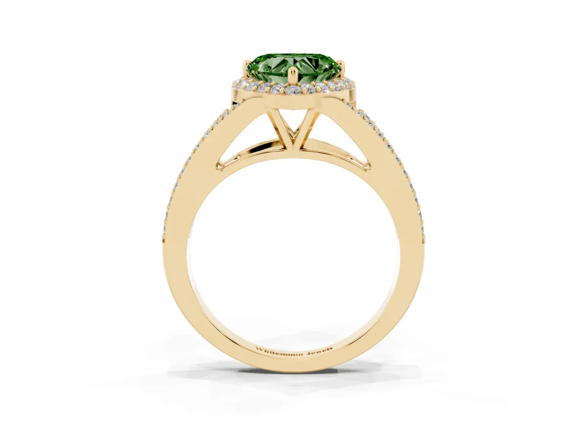 Fancy Green Heart Cut Halo Split Shank Diamond Ring with Prong Setting Yellow gold