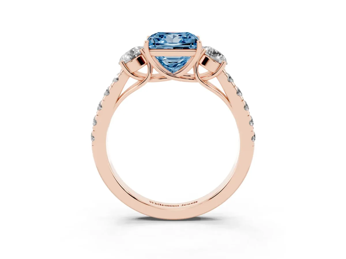 Fancy Blue Princess Cut Cut Diamond Three-Stone Ring with Round Side Stones and Pavé Band Rose gold