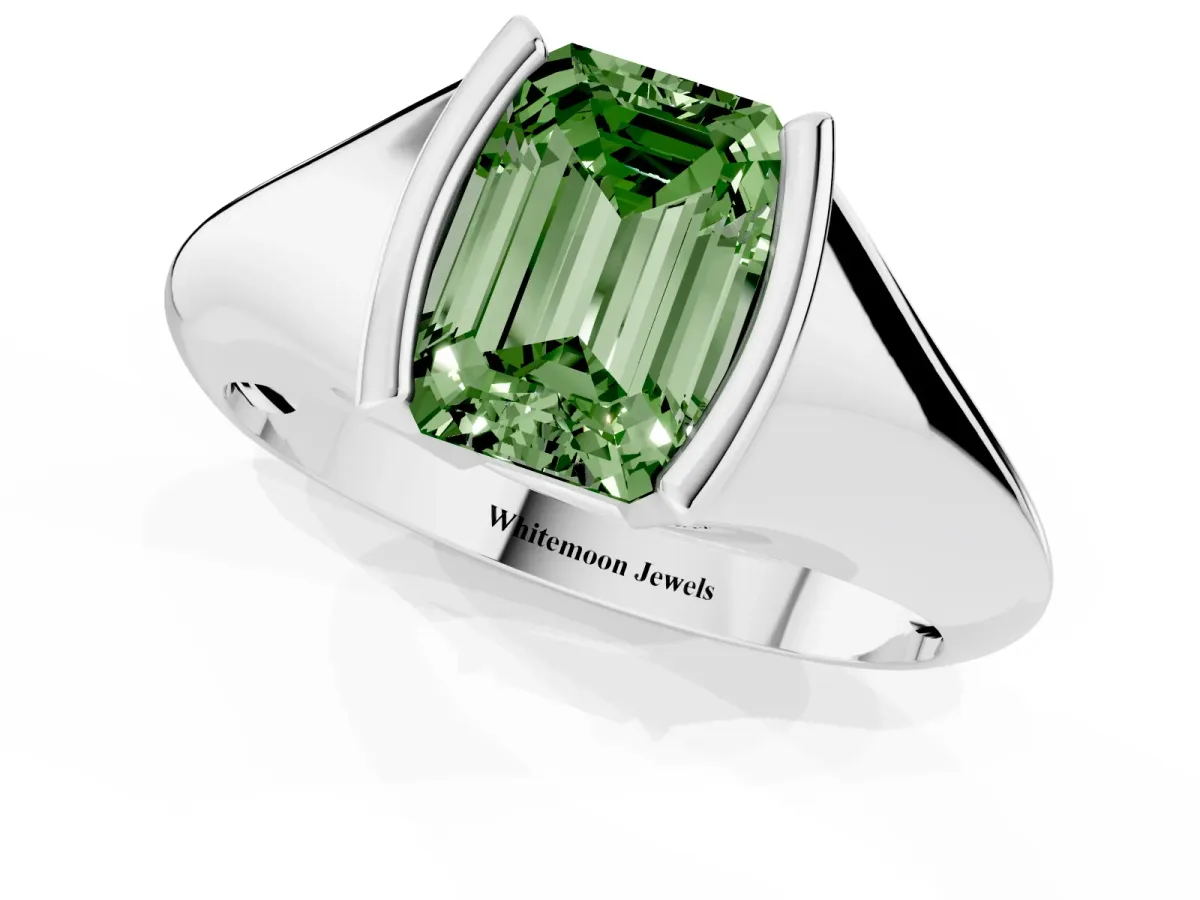 Fancy Green Emerald Cut Solitaire Tension Set Diamond Ring White gold