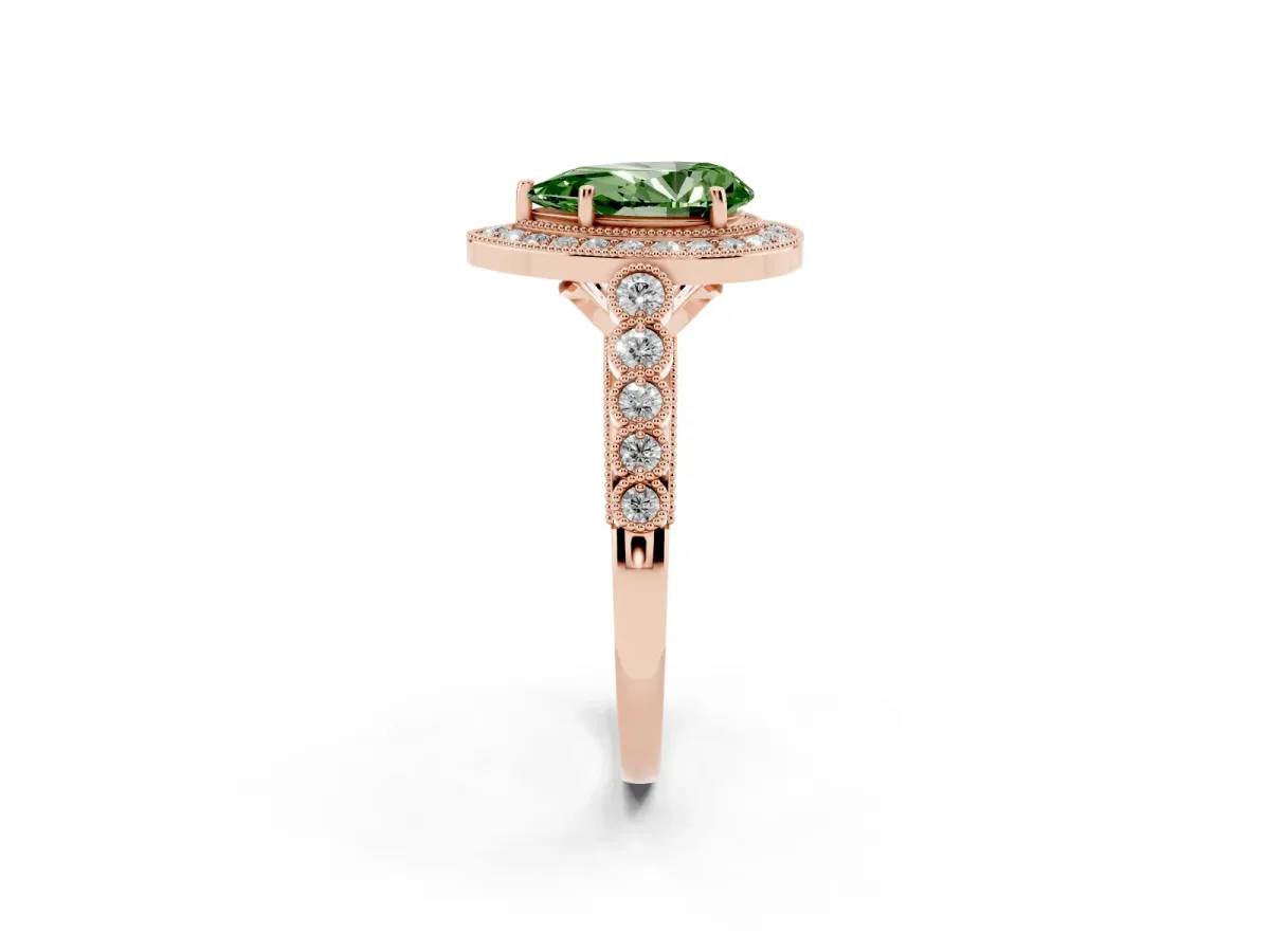Fancy Green Pear Cut Halo Milgrain Solitaire with Bezel Set Side Stones and Pave Band Rose gold