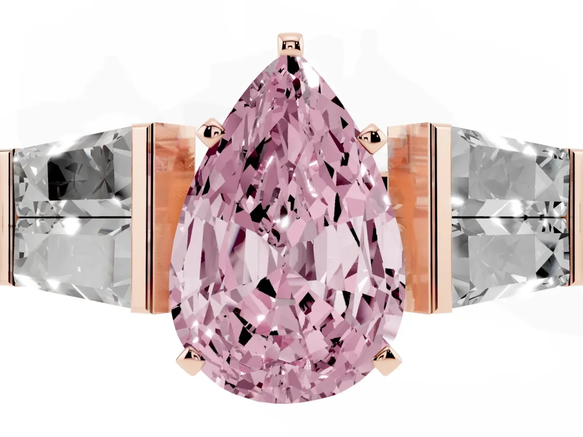 Fancy Pink Pear Cut Diamond Engagement Ring with Baguette Side Stones and Channel Set Band Rose gold