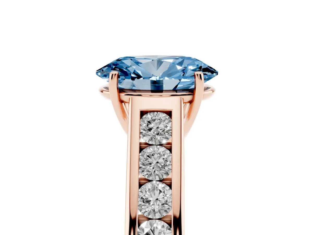 Fancy Blue Oval Cut Brilliant Channel-Set Solitaire Ring with Four-Prong Setting Rose gold