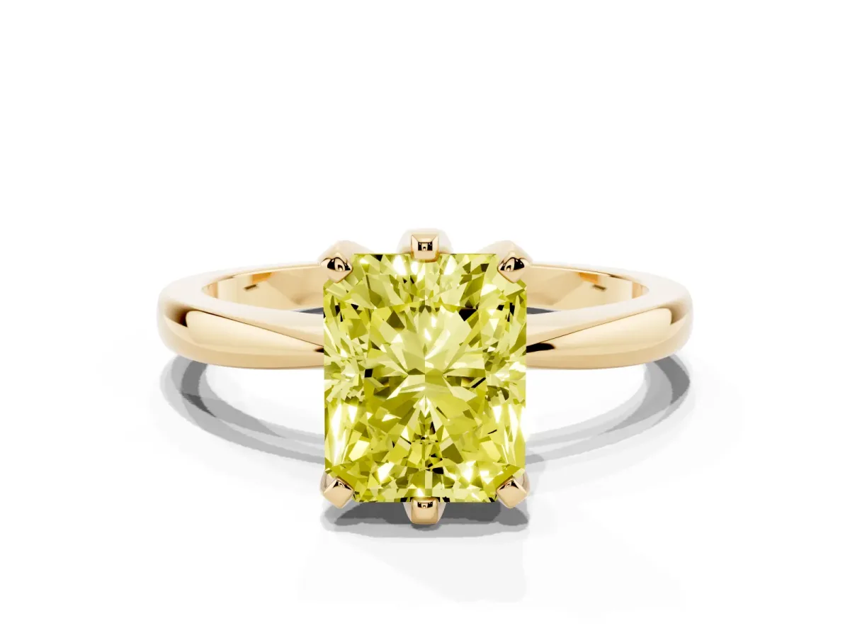 Fancy Yellow Radiant Cut Solitaire Engagement Ring with Six-Prong Setting and Tapered Band Yellow gold