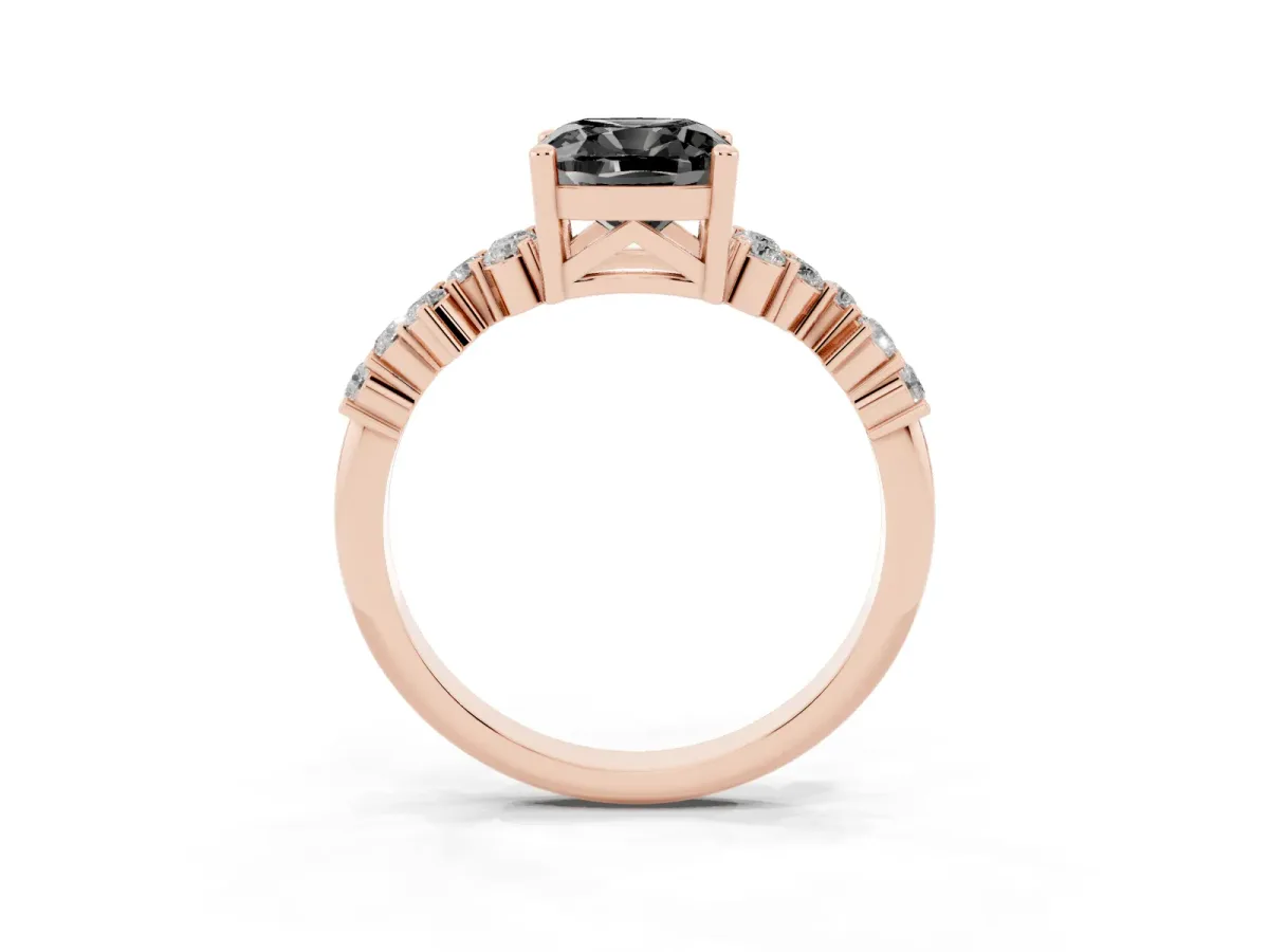 Fancy Black Cushion Cut Diamond Scattered Round Accent Ring with Prong Setting Rose gold