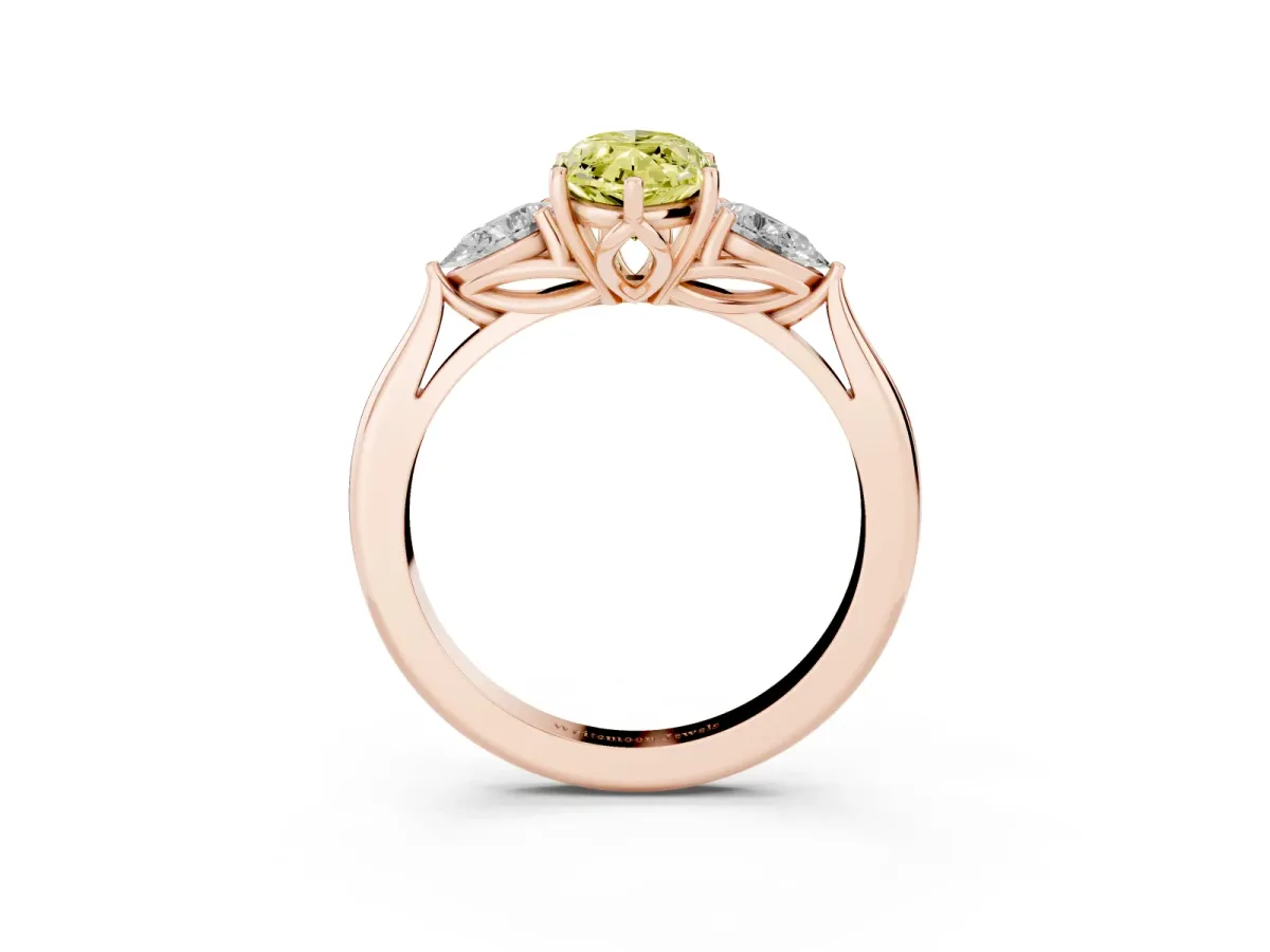 Fancy Yellow Marquise Cut Diamond Three-Stone Ring with Pear Side Stones and Prong Setting Rose gold