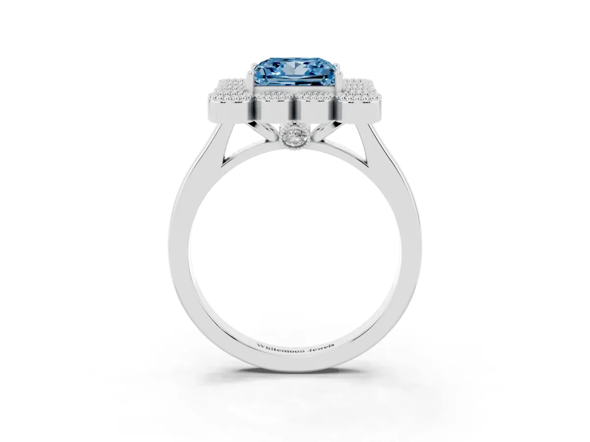 Fancy Blue Princess Cut Halo Diamond Cluster Engagement Ring with Milgrain Bezel Setting and Solitaire Band Silver