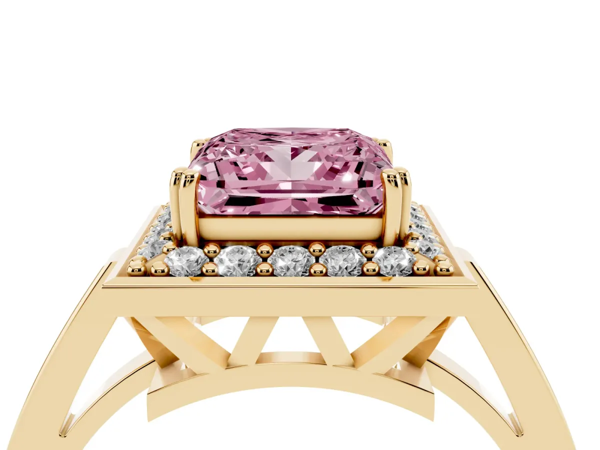 Fancy Pink Princess Cut Diamond Halo Ring with Split Shank and Four-Prong Setting Yellow gold