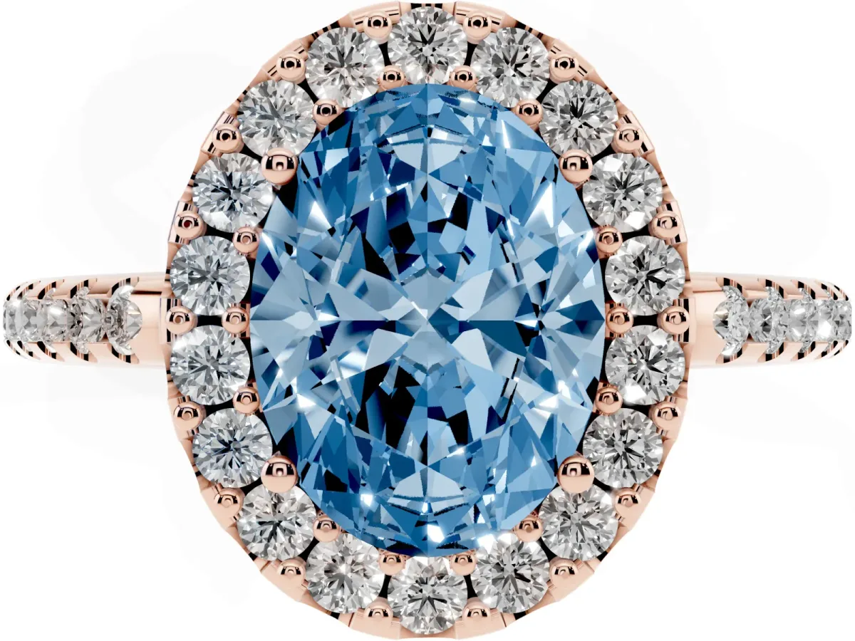 Fancy Blue Oval Cut Diamond Pavé Halo Ring with Four-Prong Setting Rose gold