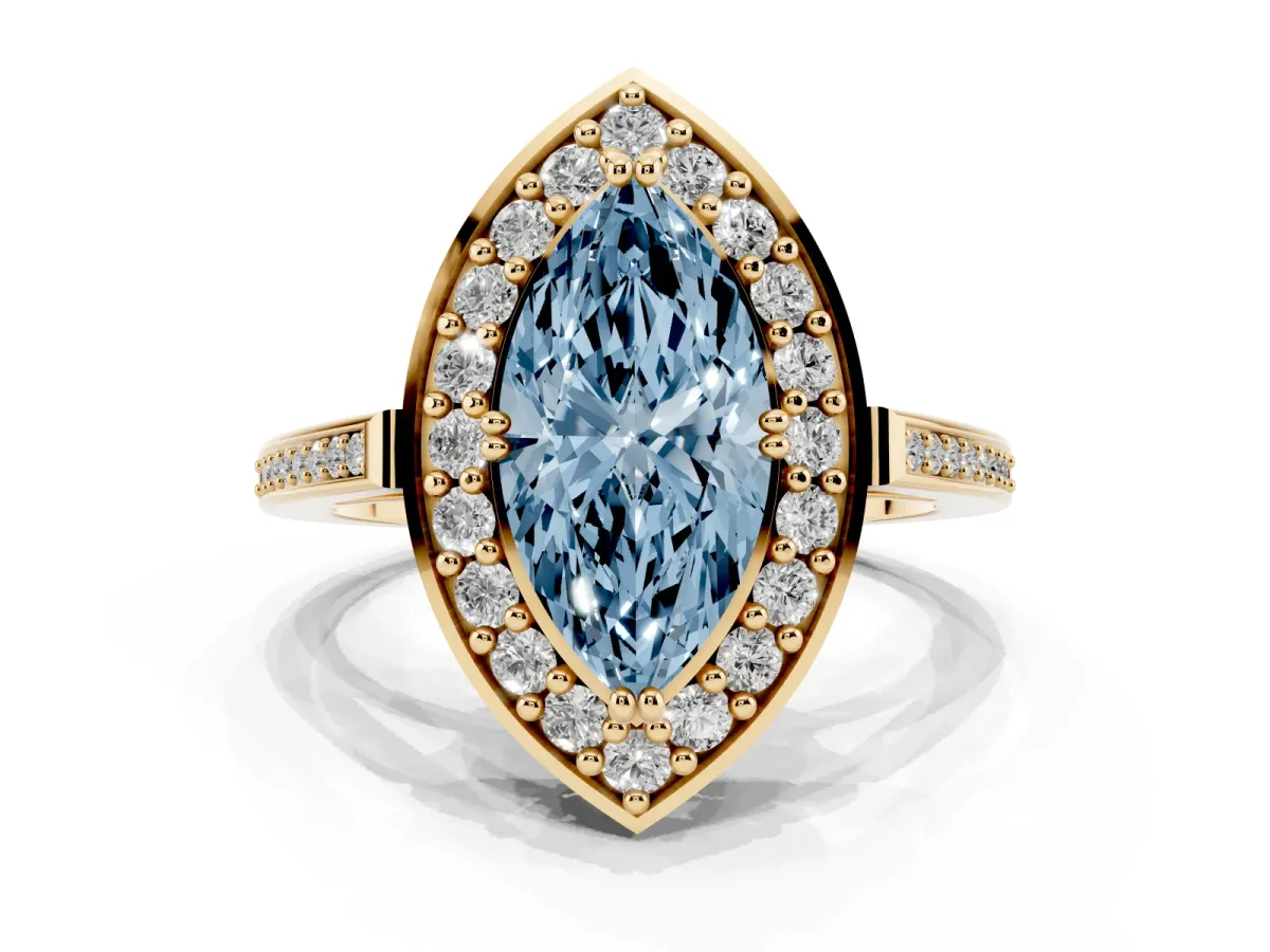 Fancy Blue Marquise Cut Diamond Halo Ring with Split Shank and Four-Prong Setting Yellow gold