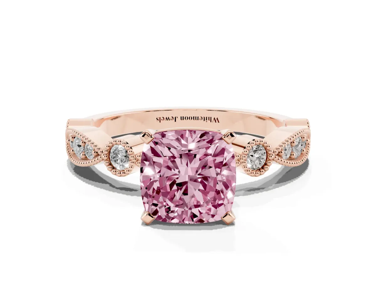 Fancy Pink Cushion Cut Milgrain Bezel Diamond Engagement Ring with Solitaire Prong Setting Rose gold