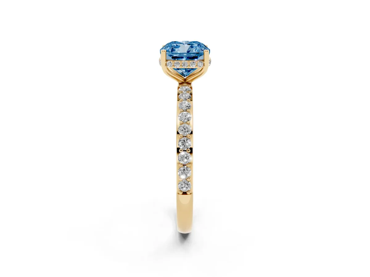 Fancy Blue Cushion Cut Diamond Solitaire Ring with Pavé Band and Hidden Halo Yellow gold