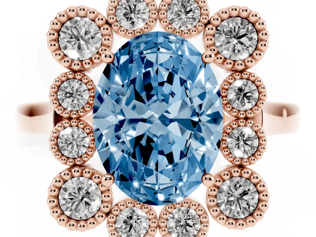 Fancy Blue Oval Cut Halo Diamond Cluster Engagement Ring with Milgrain Bezel Setting and Solitaire Band Rose gold
