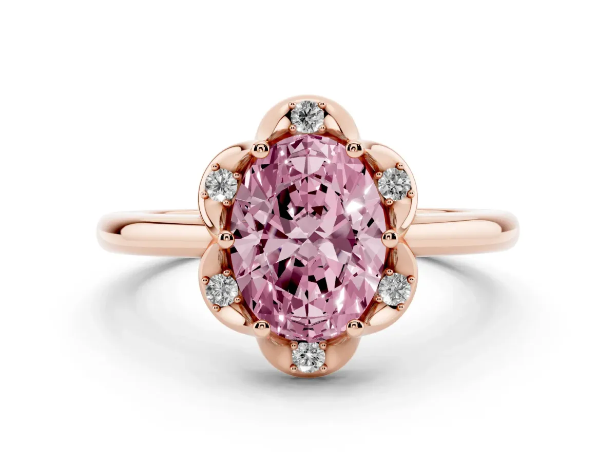 Fancy Pink Oval Cut Halo Diamond Ring with Round Cluster Setting, Solitaire Band, and Four-Prong Setting Rose gold