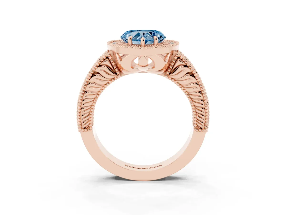 Fancy Blue Heart Cut Cut Halo Diamond Ring with Pavé Band and Four-Prong Setting Rose gold