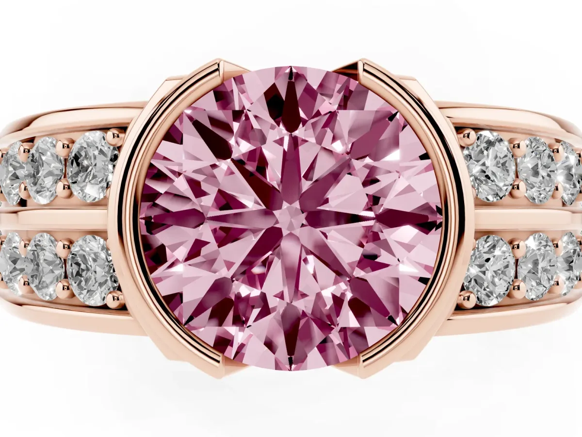 Fancy Pink Round Cut Brilliant Diamond Channel Set Wide Band Ring with Bezel Setting Rose gold