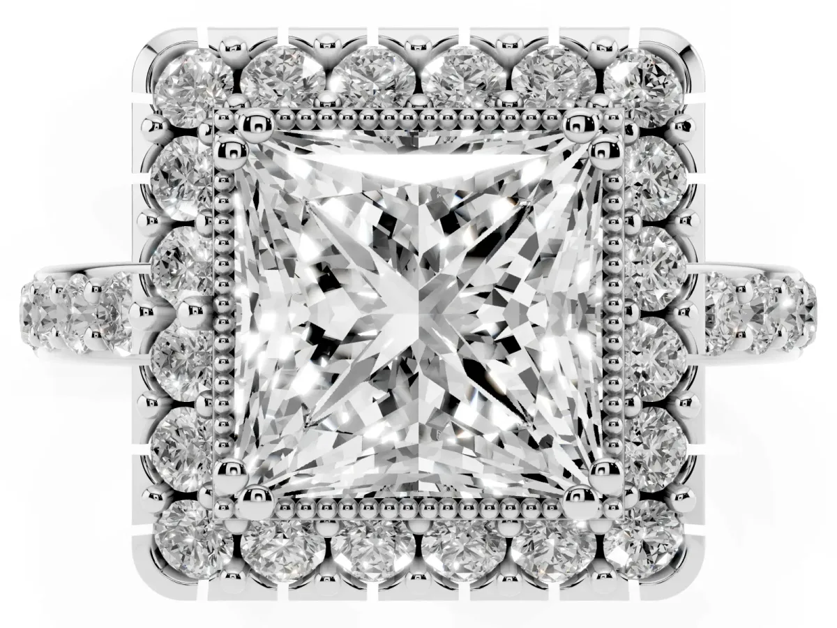 Princess Cut Diamond Halo Ring with Pavé Band and Prong Setting Silver