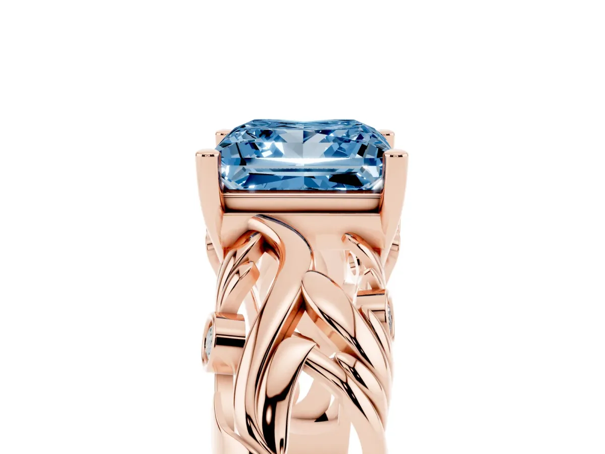Fancy Blue Princess Cut Solitaire Diamond Leaf-Inspired Vine Band Ring with Prong Setting Rose gold