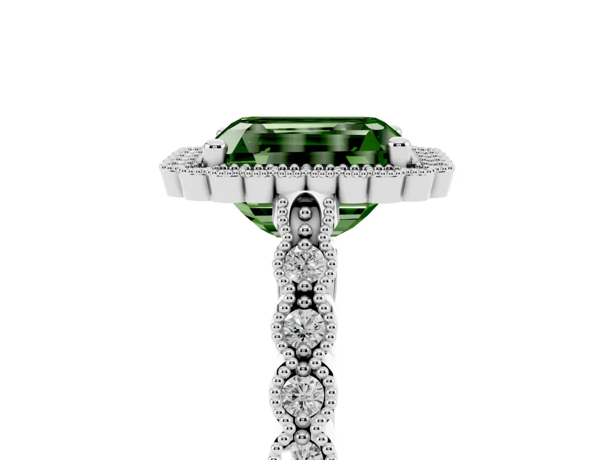 Fancy Green Radiant Cut Cut Halo Pavé Solitaire Ring with Milgrain Band Platinum