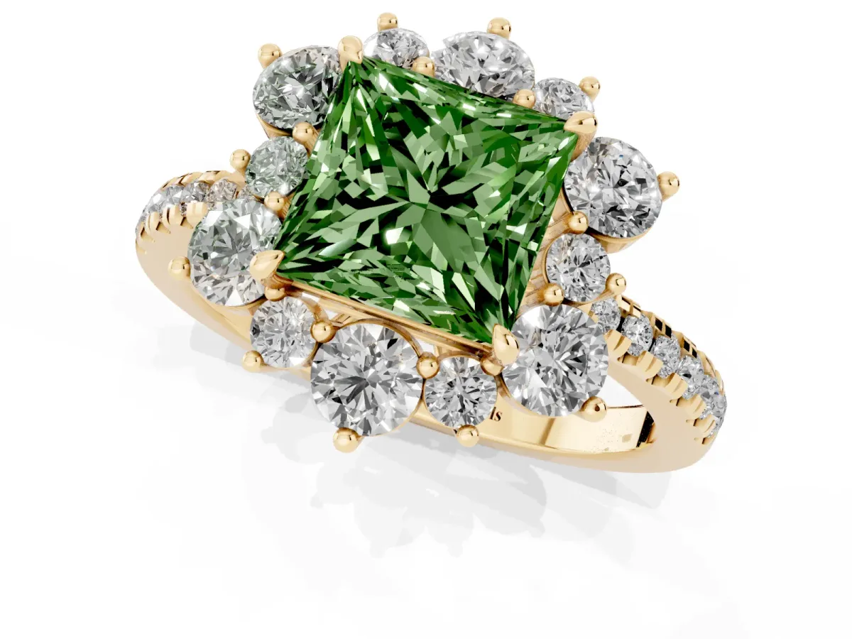 Fancy Green Princess Cut Diamond Floral Halo Ring with Round Pavé Band and Prong Setting Yellow gold