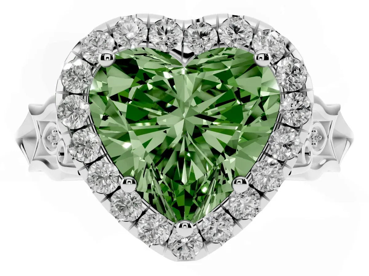 Fancy Green Heart Cut Halo Diamond Engagement Ring with Filigree Band and Four-Prong Setting Silver